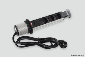 Przedłużacz biurkowy LIFT BOX, LIFTBOX-ALU-3FR-U-02, 2xUSB, Gniazdo 3x230V z bolcem, Fi-60 mm, Wpuszczany, Aluminium, DESIGN LIGHT