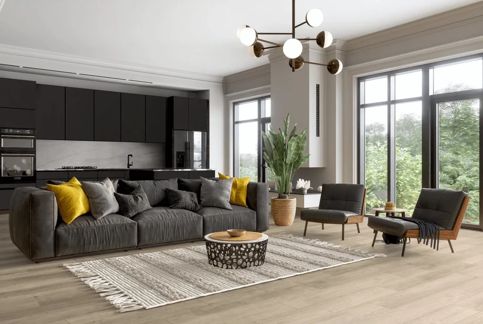 Czarna matowa kuchnia otwarta na salon